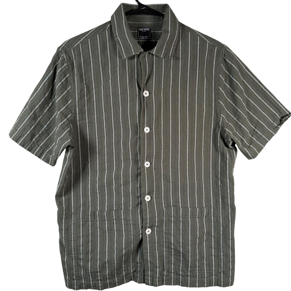 Todd Snyder Seersucker Stripe Camp Shirt Mens S Green Short Sleeve Loop Collar